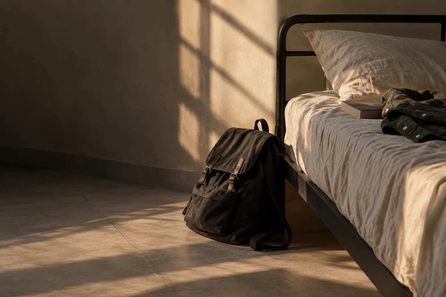 A quiet arrival with a backpack, books and fresh linen