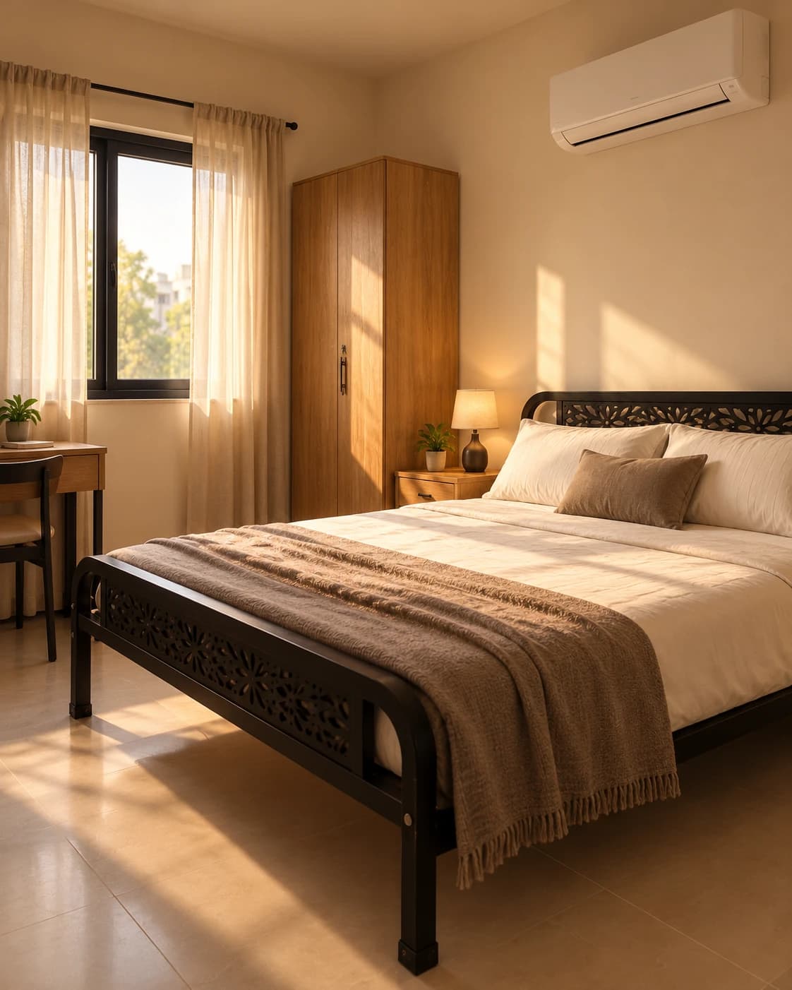Deluxe private room with a double dark-frame bed, wood furniture and wall-mounted AC