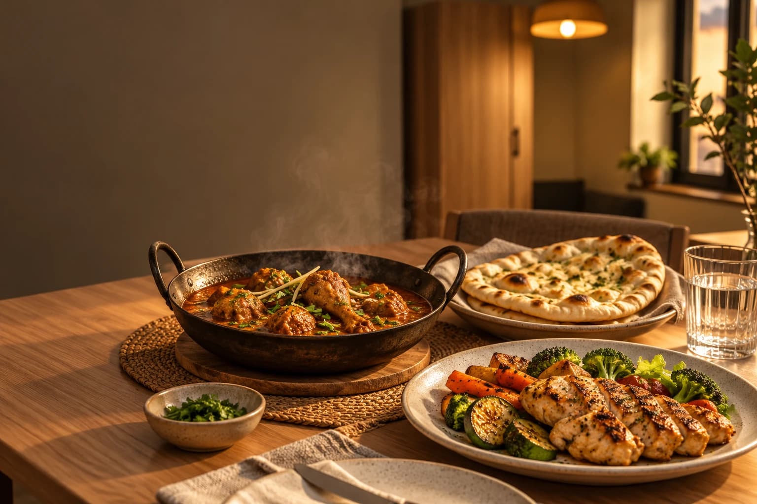 Desi curry, naan and continental grilled chicken at a warm dining table