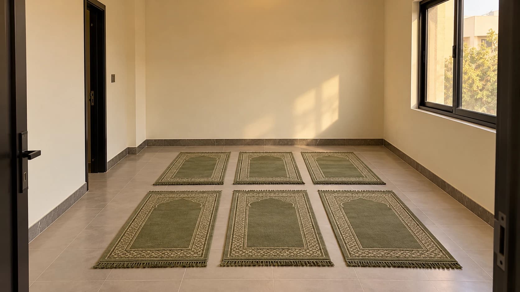 A quiet prayer space with cream walls, black-framed windows and olive prayer mats