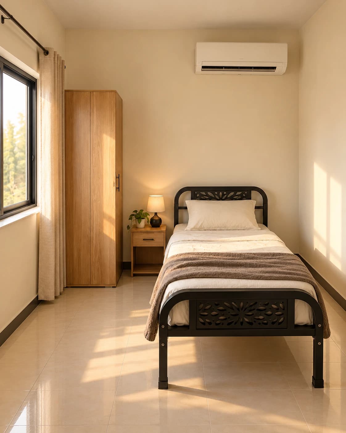 Single private room with a dark bed frame, cream walls and wall-mounted AC