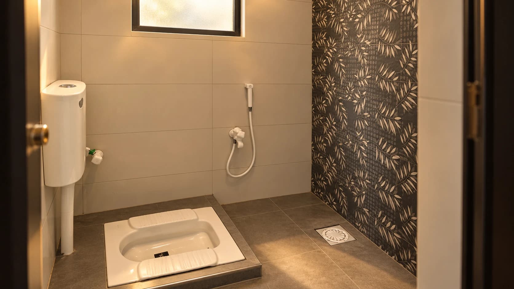Attached washroom retaining the floor toilet and hand shower