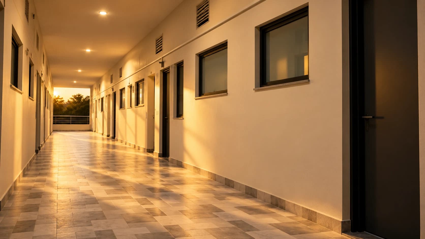 Corridor with cream walls, black door frames and the original patterned floor